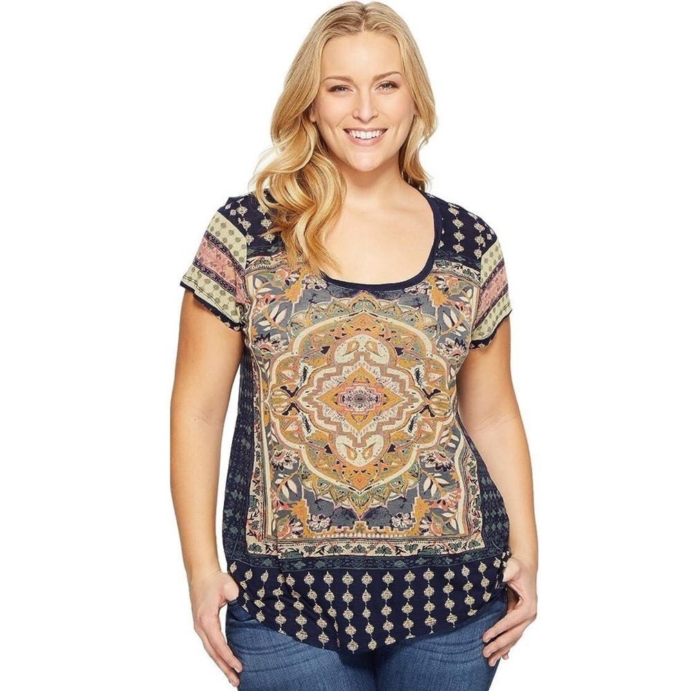 Lucky Brand Boho Medallion Print Short Sleeve Tee Navy Blue Cotton Modal 1X